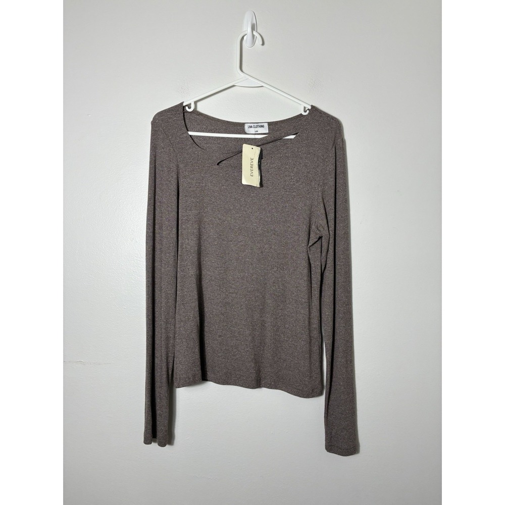 New! Evereve LNA Long Sleeve Micro Ribbed Top Sz Large Brown Basic Staple